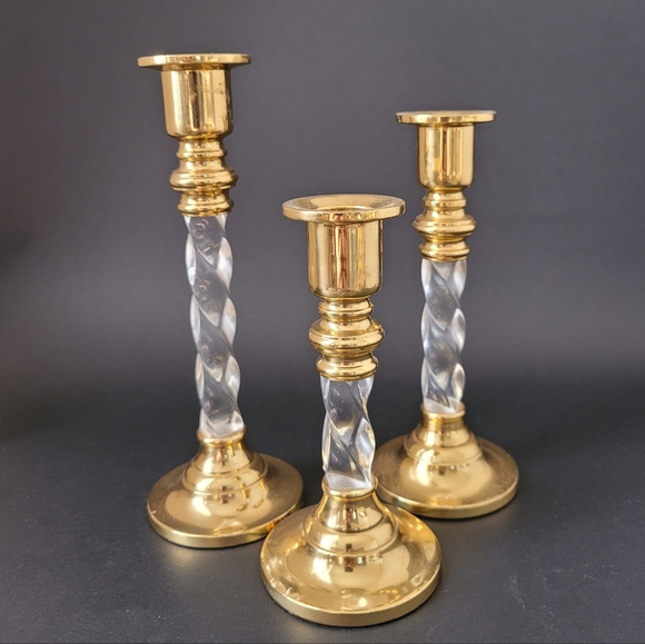 Vintage Brass and Clear Lucite Candle Holders-set of 3 pieces - Picture 3 of 10